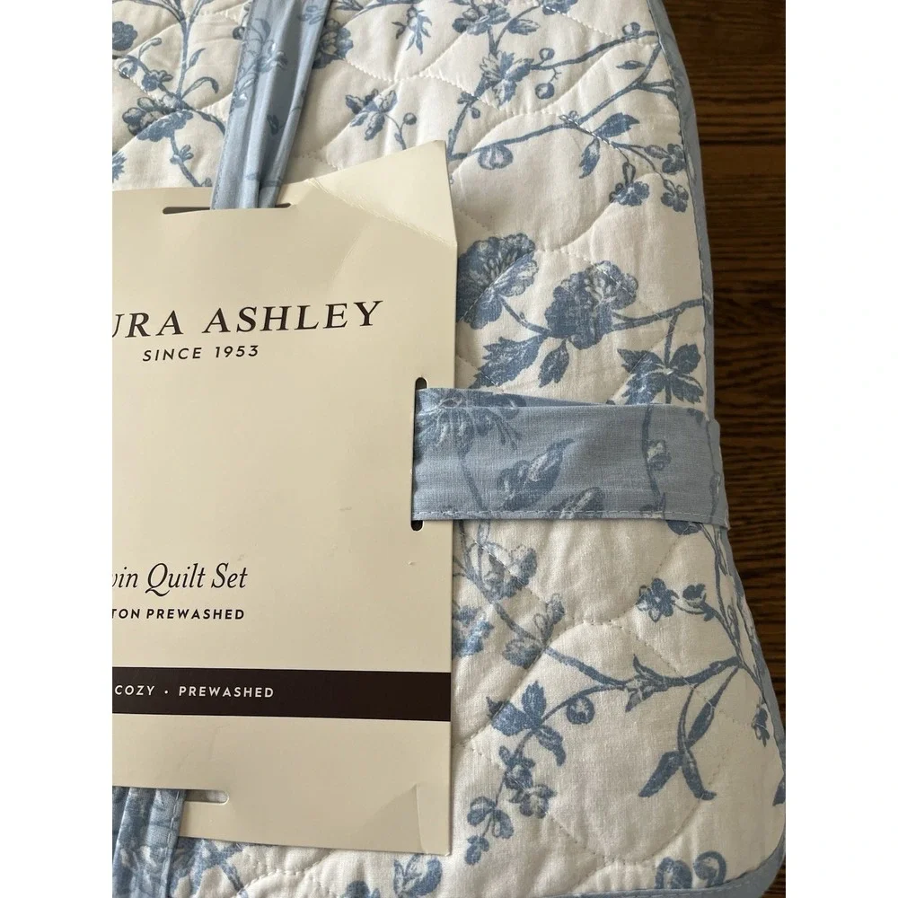 Laura Ashley Twin Quilt Sham Set Cotton Blue White Floral Dorm Room Cottagecoore